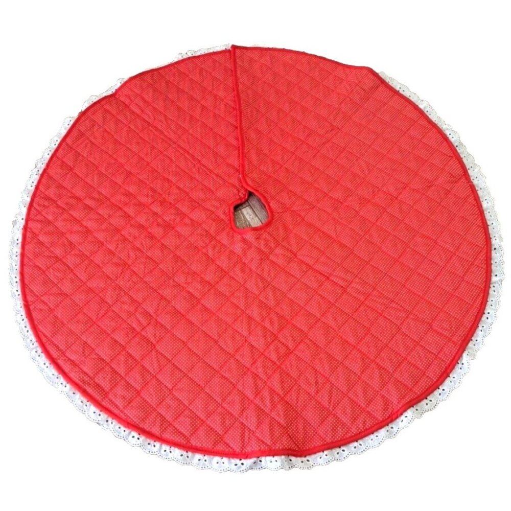 Handmade Christmas Tree Skirt Quilted Reversible Red Polka Dot Lace Trim 33"